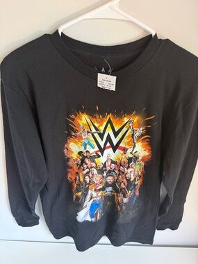 NWT WWE Black Long-Sleeve Tee with Fiery Multicolor Wrestler Graphic